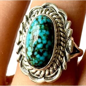 Navajo Spiderweb Turquoise Ring Sz 7 Signed V Chee Rope Sterling Native American